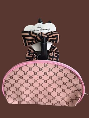 Pink & Brown Monogram Pouch with Bow & Scrunchie - 3 Pc. Set